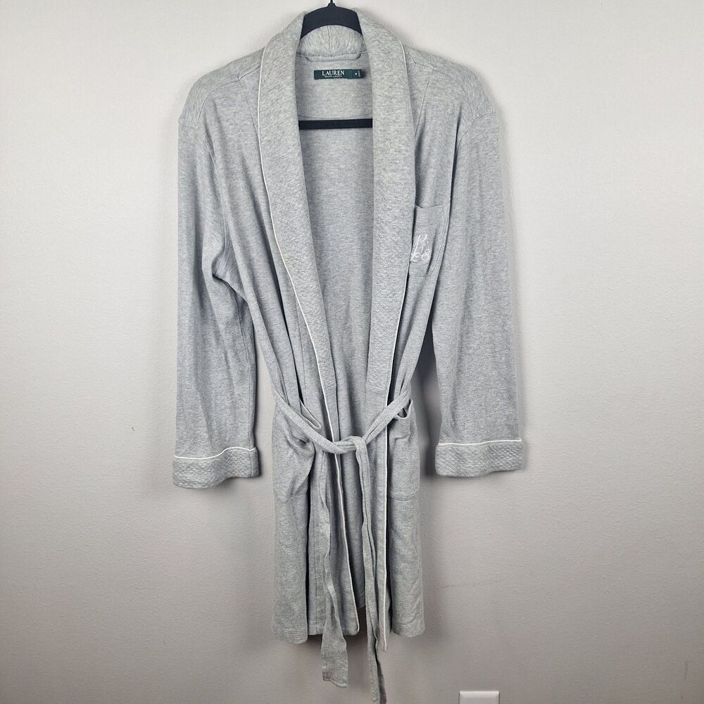 Lauren Ralph Lauren Grey W/White Edge Midi Robe w/Belt Logo Shawl Collar Clean M